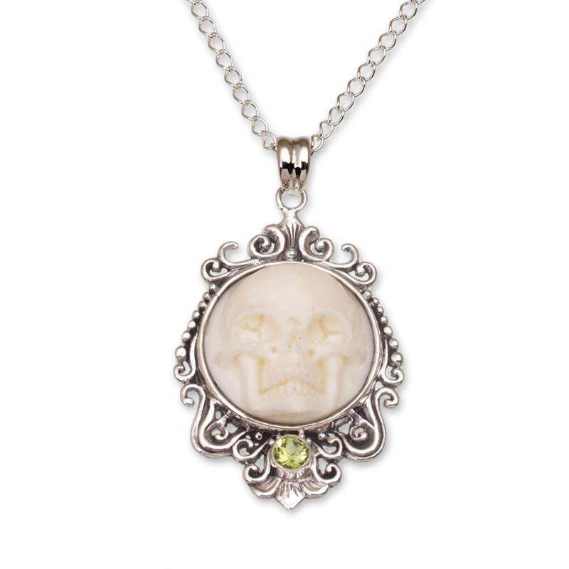 NOVICA Skull Stare in White, Peridot pendant necklace
