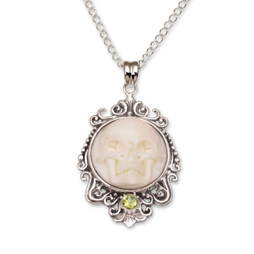 NOVICA Skull Stare in White, Peridot pendant necklace