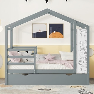 Twin Size Playhouse Bed & Trundle Bed Thicken Slat Platform Bed Frame Wooden Structure Bedroom Childs Bed - Grey