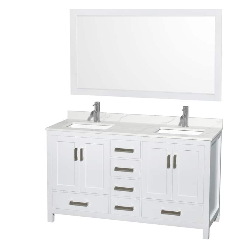 Sheffield 60-inch Double Vanity, Single Hole Quartz Top,58-inch Mirror - White, Chrome Trim, Giotto Quartz Top