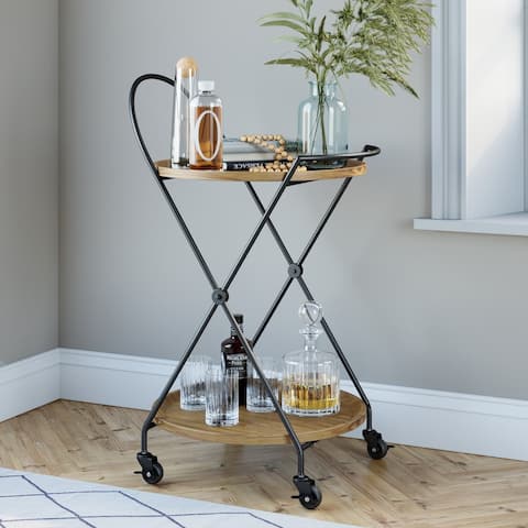 Nathan James Sage 2-Tier Warm Walnut Tray and Black Metal Round Mid-Century Rolling Bar Cart or Serving Cart
