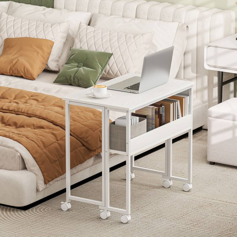 HOMCOM Small Folding Desk, Rolling Computer Desk Foldable with Storage Bag and Shelf, 31.5" Portable Writing Table on Wheels