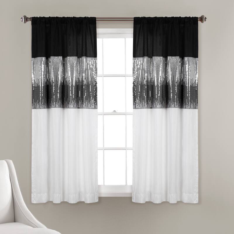 Silver Orchid Page Two-tone Faux Silk Glamorous Sequins Sparkle Single Curtain Panel - 63"L x 42"W - Black/White