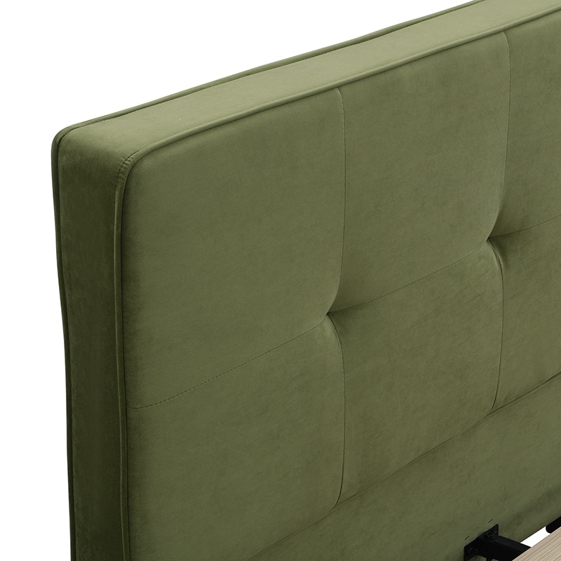 Olive Green Frames King Size Velvet Platform Bed Soft Square Corners Tufted Headboard Low Profile Bed Upholstered Grounded Bed