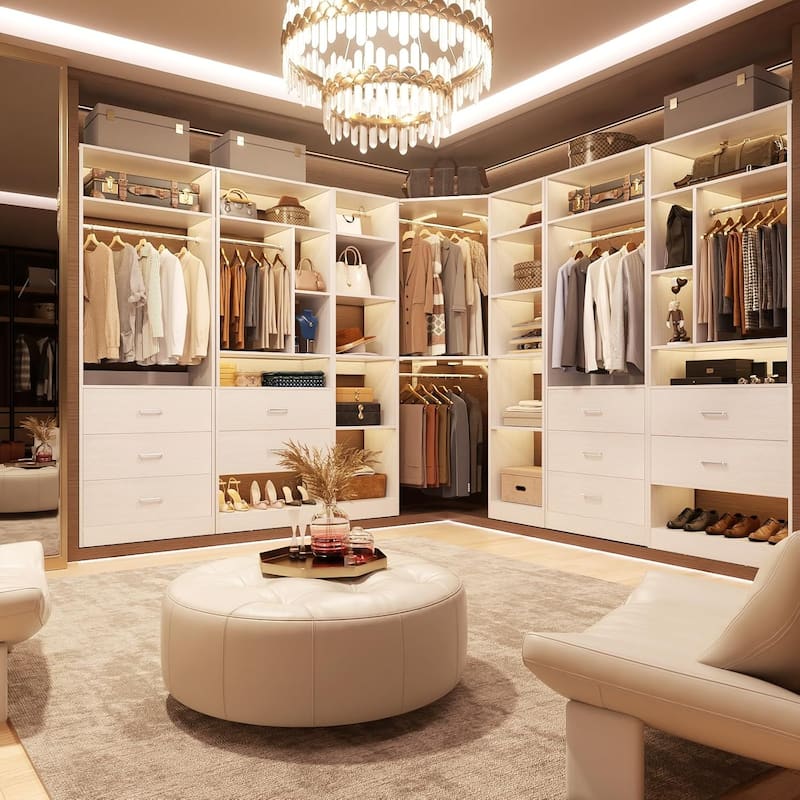 Kyrvo Corner Closet System with 12 Shelves and 2 Hanging Rods, 40"W x 80"H Freestanding Walk-in Closet Organizer System