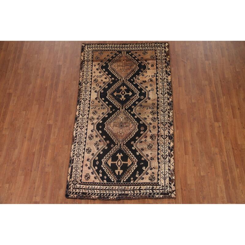 Hand Knotted Oriental 100% Wool Carpet Traditional Tribal Black Qashqai Area Rug - 7' 8'' X 4' 4''