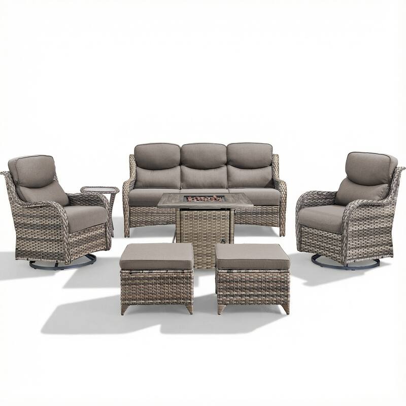 Pocassy Outdoor Propane Fire Table with Sofa Swivel Chair Ottoman Funiture Set.