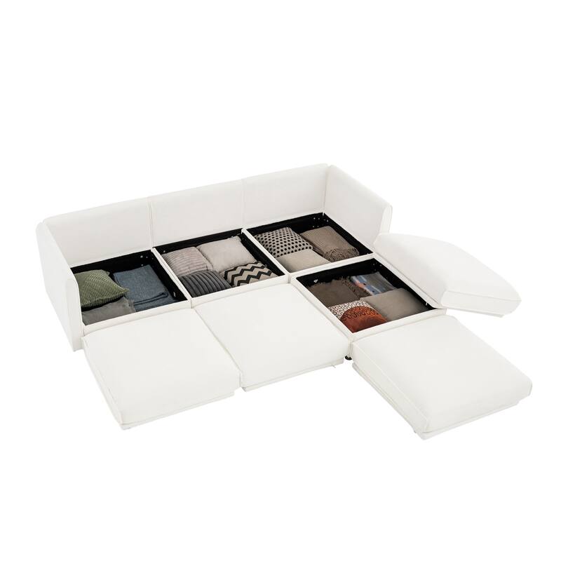 Chenille L-Shaped Sofa with Storage, 3-Seater Couch with Ottoman, Cylindrical Backrests & Armrests, Modern Modular Sofa