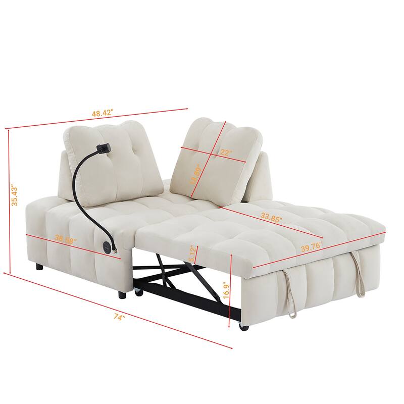 Modern pull-out velvet sofa bed with USB port and rotating phone holder