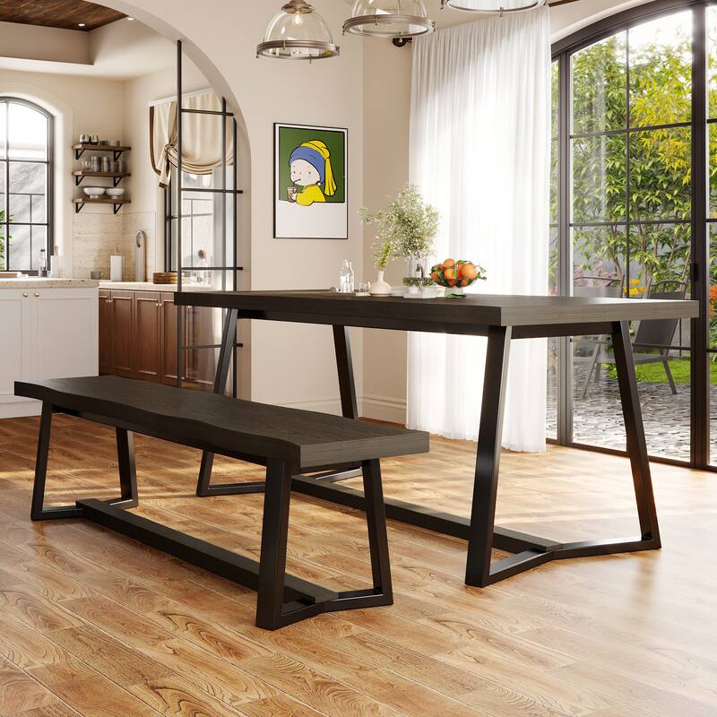 Rustic Elm Wood Dining Table Set with Black Bench – Modern Farmhouse Kitchen Table