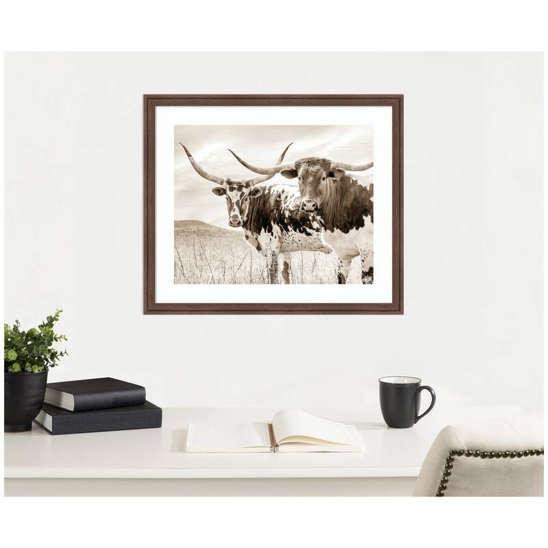 Kate and Laurel Sepia Texas Longhorn Cattle in Pasture by The Creative Bunch Studio Framed Wall Art Print
