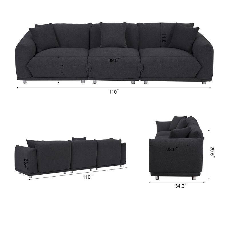 Black Modern 111" Oversized 3-seater Sofa with Metal Legs and Solid Wood Frame for Living Room