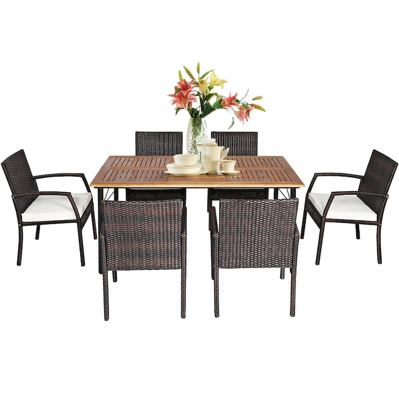7-pcs Outdoor Rattan Dining Chair and Table Set w/ Umbrella Hole - White+Black+Brown