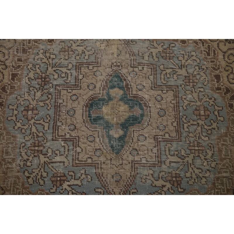 Distressed Geometric Tabriz Persian Antique Rug Handmade Wool Carpet - 9'8" x 13'5"