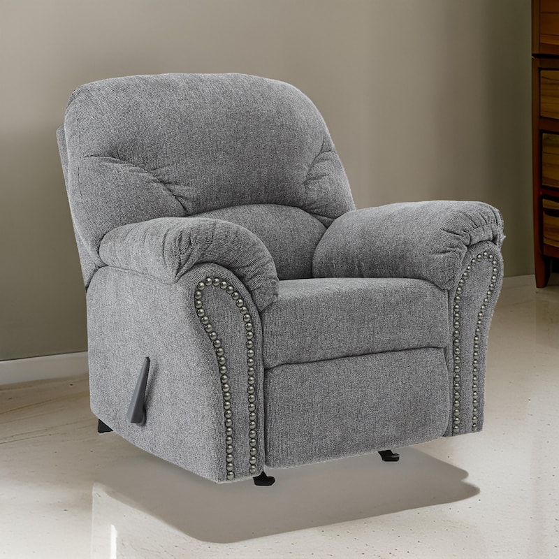 Nickel Nailhead Trim Fabric Upholstered Rocker Recliner, Gray