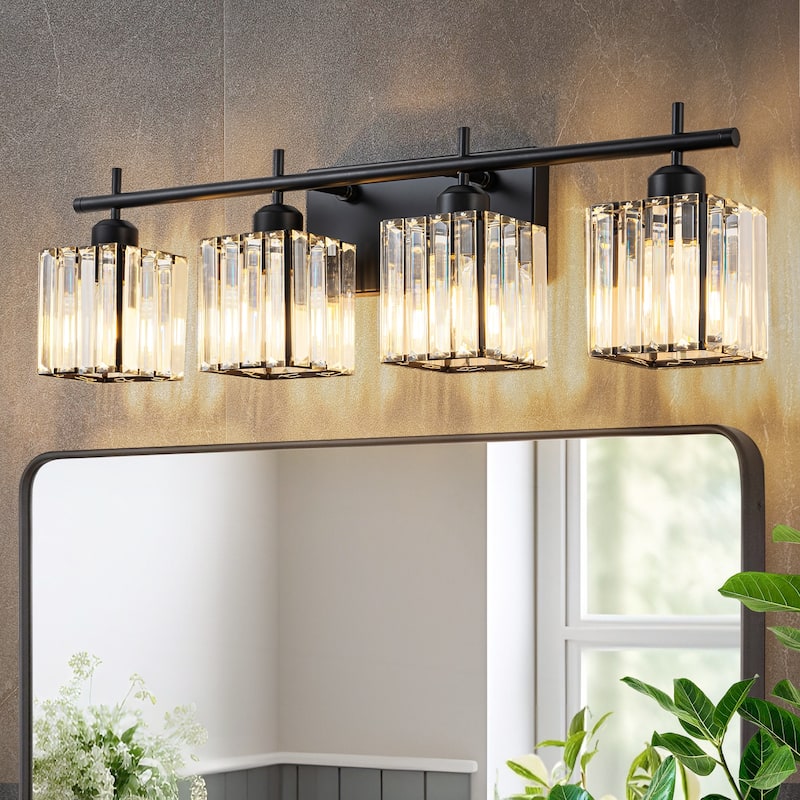 Starsky 3/4-Light Modern Dimmable Bathroom Crystal Vanity Light Wall Sconces with Crystal Shade - 4-Light - Black