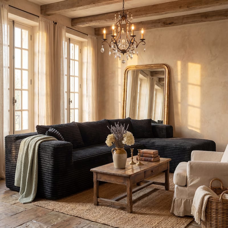 Black L-Shaped Compressed Foam Sofa – Ready-to-Use Sectional Couch with Chaise