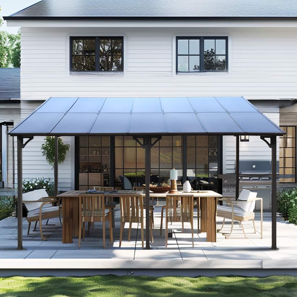 10' x 14' Wall-Mounted Metal Pergola Gazebo with Polycarbonate Roof for Patio, Deck, Backyard