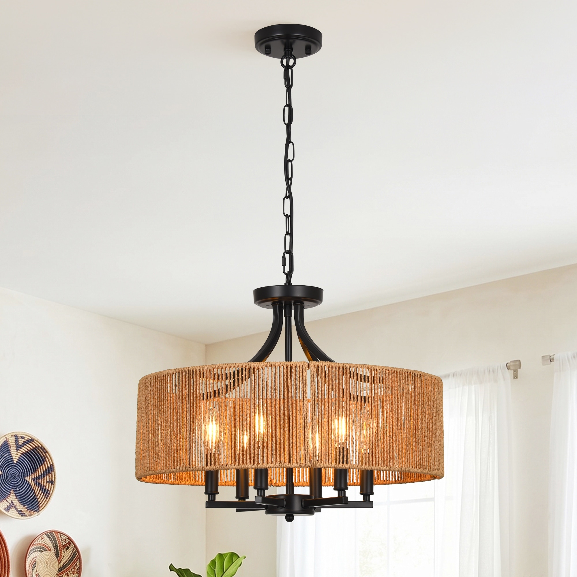 19.68'' Hand Woven Rattan Chandelier, 6-Light Boho Chandelier Rattan Pendant Light Fixture for Dining Room Bedroom