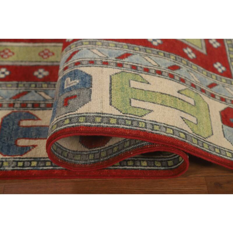 Geometric Kazak Area Rug Hand-Knotted Multi-Color Wool Carpet - 5'11" x 9'2"