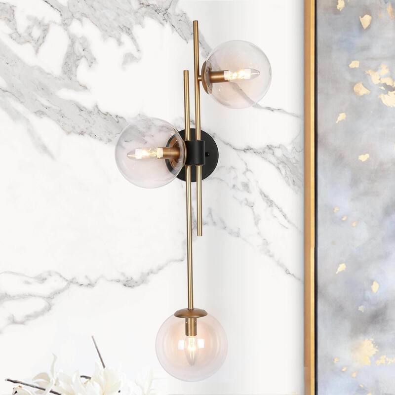 Bola Modern Gold 3-Light Chandelier Orb Glass Vanity Lights Wall Sconces - Black and gold