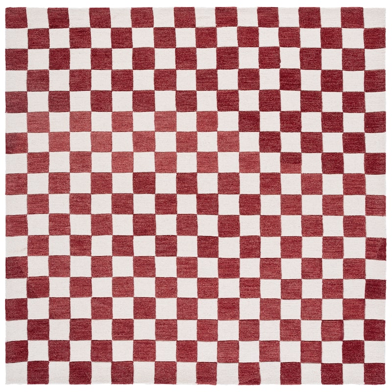 SAFAVIEH Handmade Ebony Gulnur Farmhouse Checkered Wool Rug - 6' Square - Red/Ivory