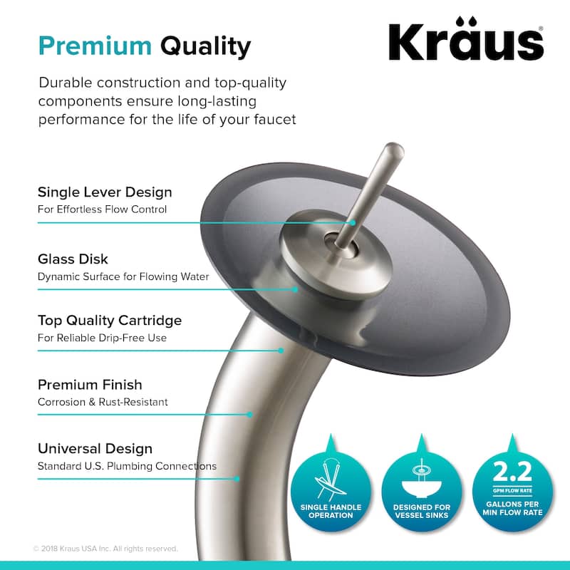 Kraus Waterfall Single Hole Vessel Bathroom Faucet - Metal Pop-Up