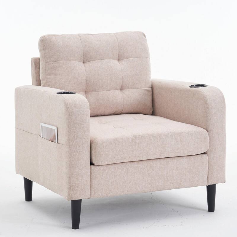 Upholstered Armchair and Storage Ottoman Set with Cup Holders and Tufted Detailing