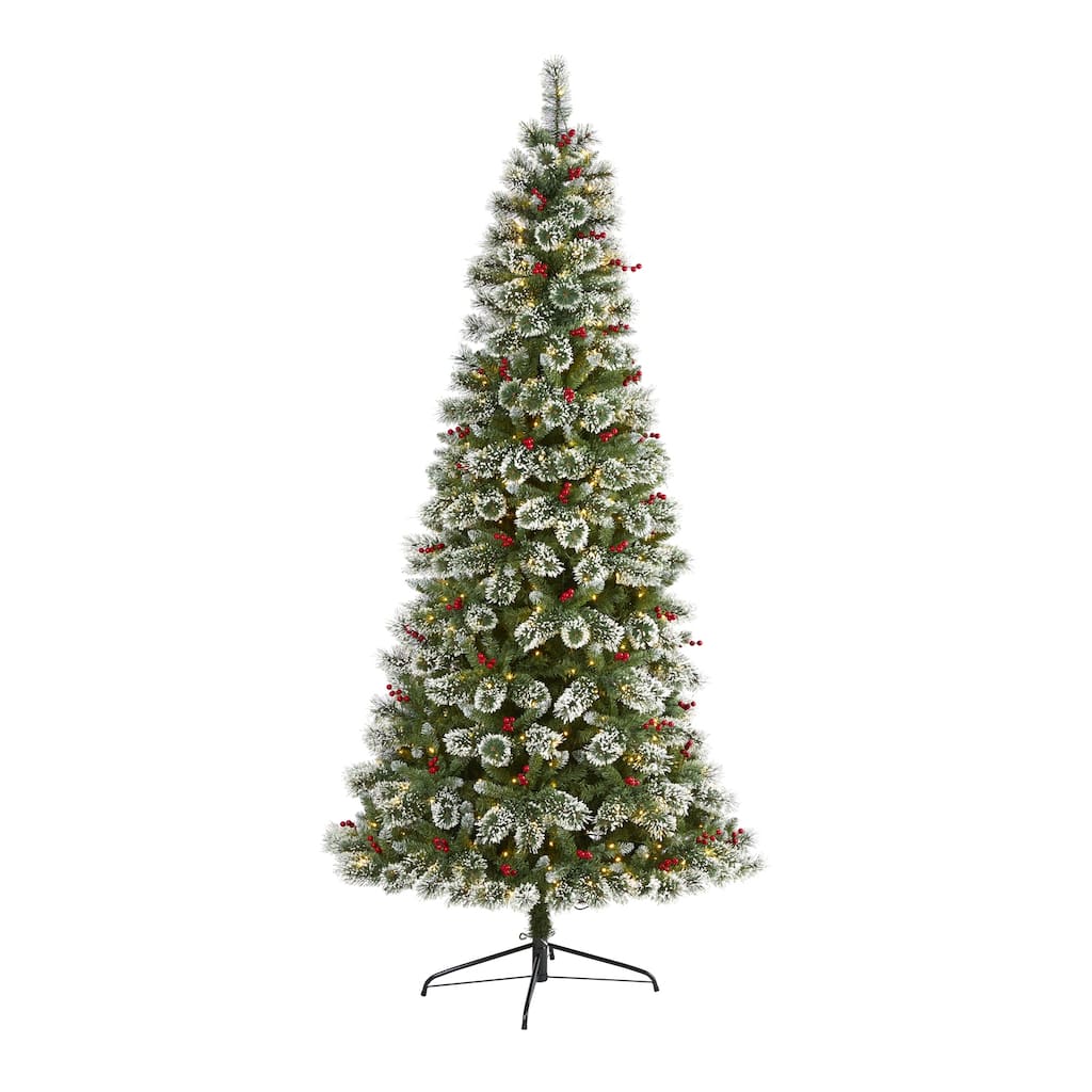 8ft Prelit Christmas Tree Frosted Pine with Berries & Lights - Holiday Decor - Green - 96