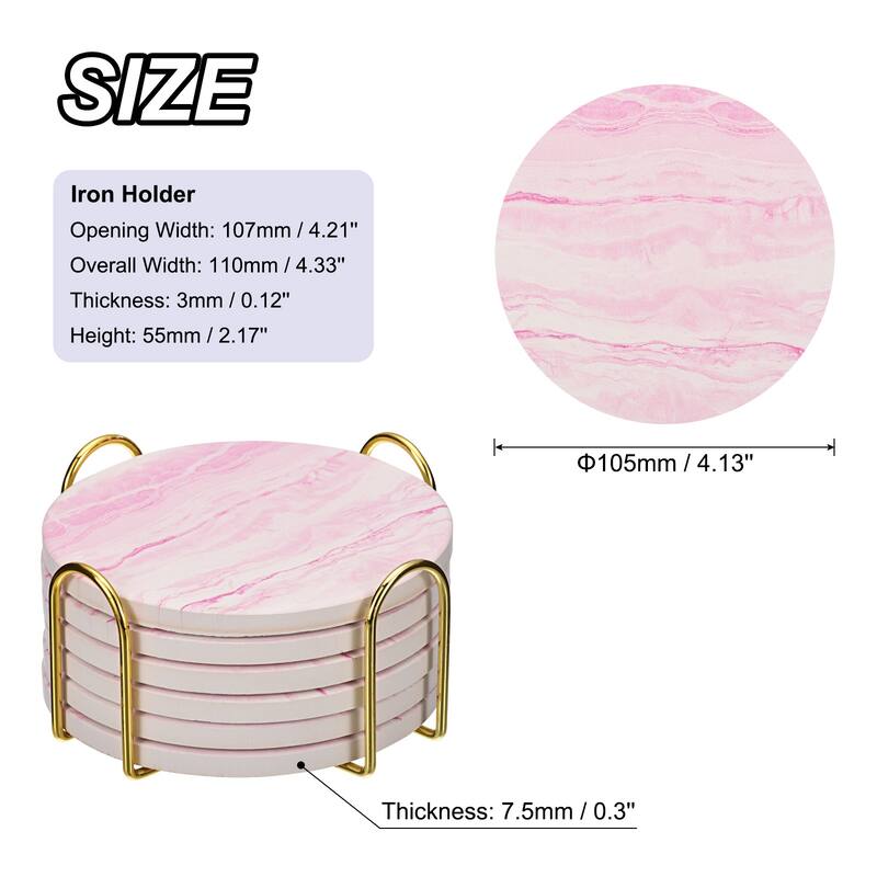 Drink Coasters with Holder, 6pcs 4" Cork Base Coasters Sandstone Style - Pink