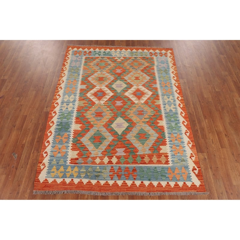 Geometric Kilim Oriental Area Rug Flatweave Wool Carpet - 4'11"x 6'7"