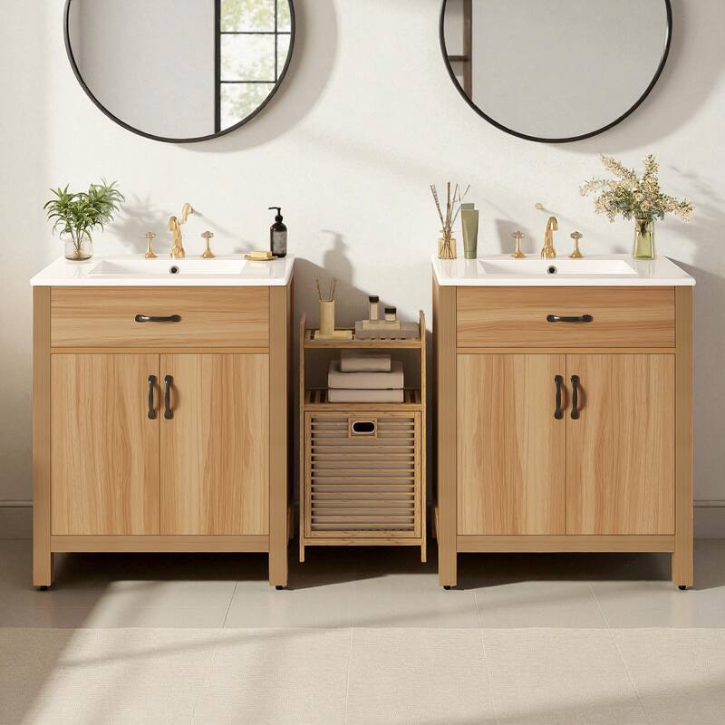 60" Freestanding Bathroom Vanity with Ceramic Sink, Solid Wood Frame, 4 Soft-Close Doors & 2 Flip Drawers - Wood