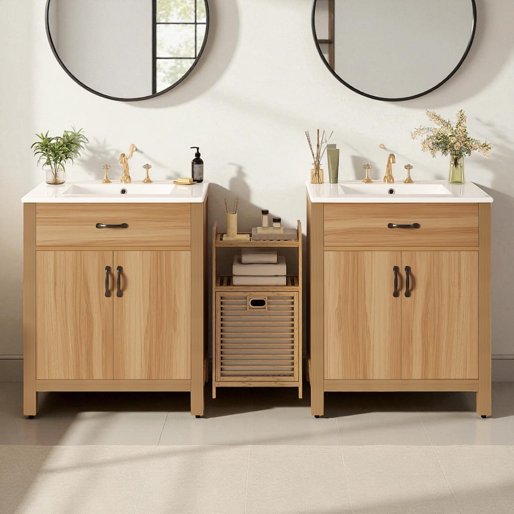 60" Freestanding Bathroom Vanity with Ceramic Sink, Solid Wood Frame, 4 Soft-Close Doors & 2 Flip Drawers