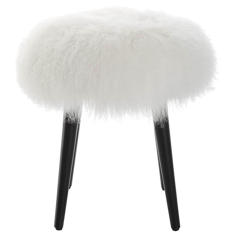 Sheepskin Accent Stool With Tapered Legs 18.5" Matte Black and White