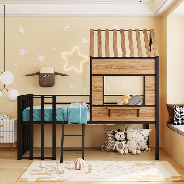 slide 2 of 13, Playhouse Design Metal Loft Bed with Roof, Window, Guardrail and Sturdy Construction, Black Black
