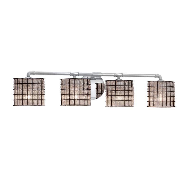 Justice Design Wire Glass Bronx 4-light Polished Chrome Bath Bar, Grid with Clear Bubbles Oval Shade
