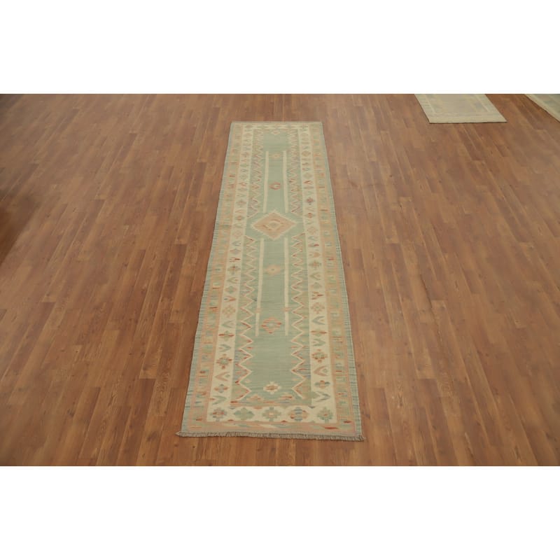 Hand Woven Oriental 100% Wool Carpet Southwestern Tribal Green Kilim Runner Rug - 9' 8'' X 2' 7''