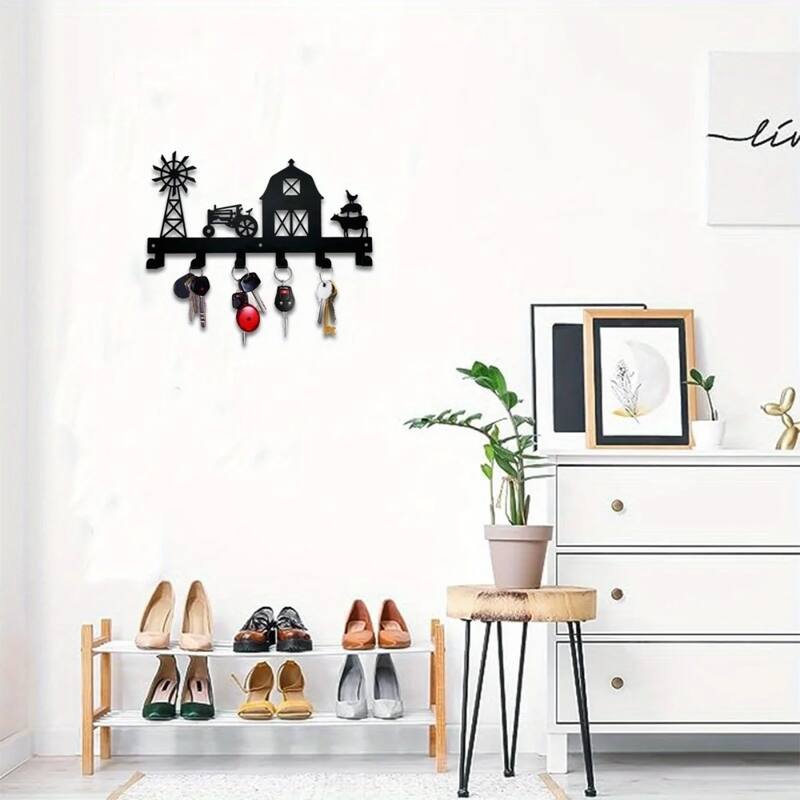 Black Metal Wall-Mounted Towel Hook Rack 6 Hooks Space-Saving Bathroom Storage Organizer - 11.57”L x 6.02”H