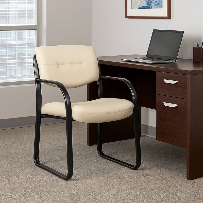 Kate Guest Armchair with Sled Base, Steel Frame, Beige Faux Leather