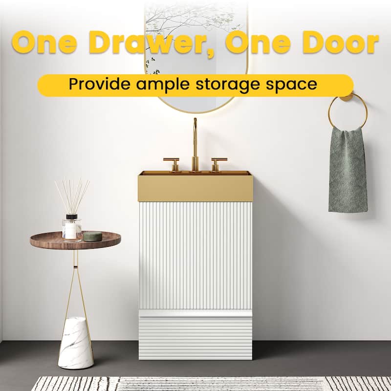 20" Striped Bathroom Vanity with Integrated Brushed Gold Stainless Steel Bathroom Sink, One-Piece Metal Basin without Faucet