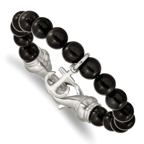 Chisel Stainless Steel Brushed Black Agate Beads 8 Inch Anchor Bracelet