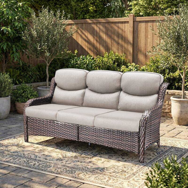Pocassy Outdoor 3 Seat Sofa with 5 In Thick Cushion Patio Wicker Sofa - Brown Wicker Beige Cushion