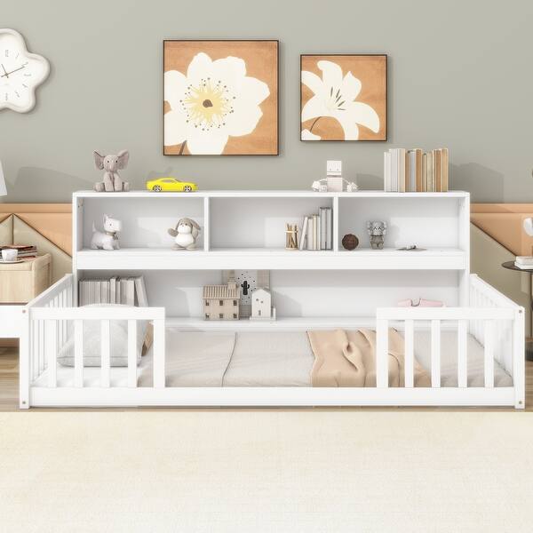 slide 2 of 9, Twin Floor Bed with Built-in Bookcase and Guardrails , Space-Saving Design with Full-Length Shelves White
