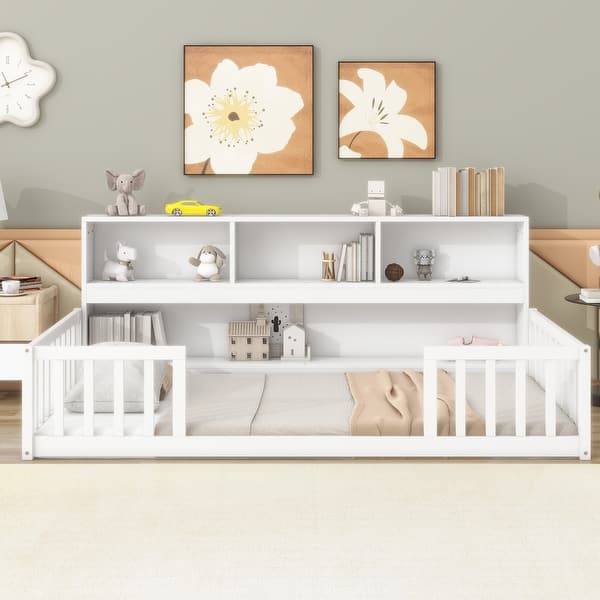 slide 2 of 9, White Twin Size Pine Wood Floor Bed with Bedside Bookcase, Shelves and Guardrails for Bedroom Twin - White