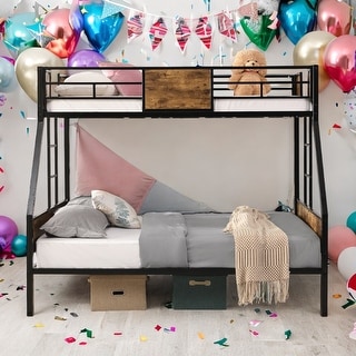 Twin Over FULL Metal Bunk Bed with Trundle 2-Side Ladder and Full-Length Guardrail, No Box Spring Needed