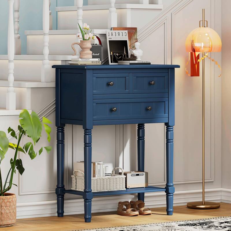 Narrow Console Table with 3 Drawers and Bottom Shelf - Navy