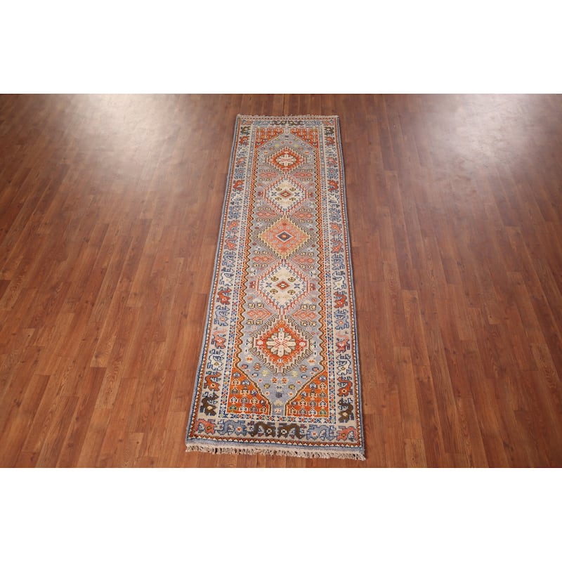 Gray Geometric Kazak Oriental Runner Rug Handmade Wool Carpet - 2'6"x 8'0"