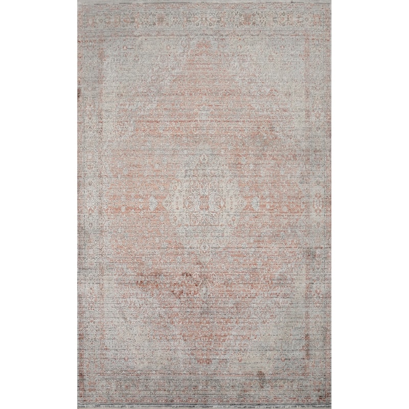 Machine Made Oriental Polyester Carpet Medallion Oranges & Rust Distressed Area Rug - 7' 5'' X 5' 2''