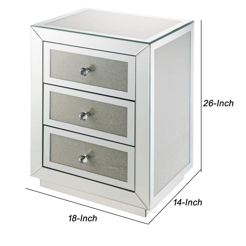 3 Drawer Mirrored Accent Table with Faux Diamond Inlay, Silver