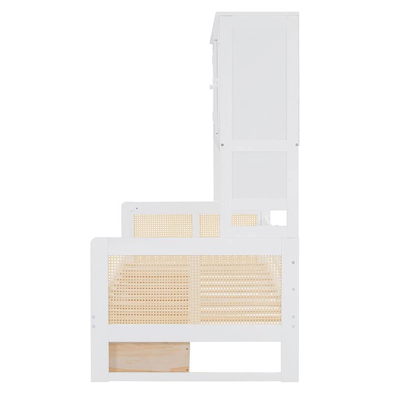 L-Shape Twin Size Daybed with Storage Cabinet and 2 Drawers, Bedroom Storage Bed Frame with Bookshelf, Wood Slats Support